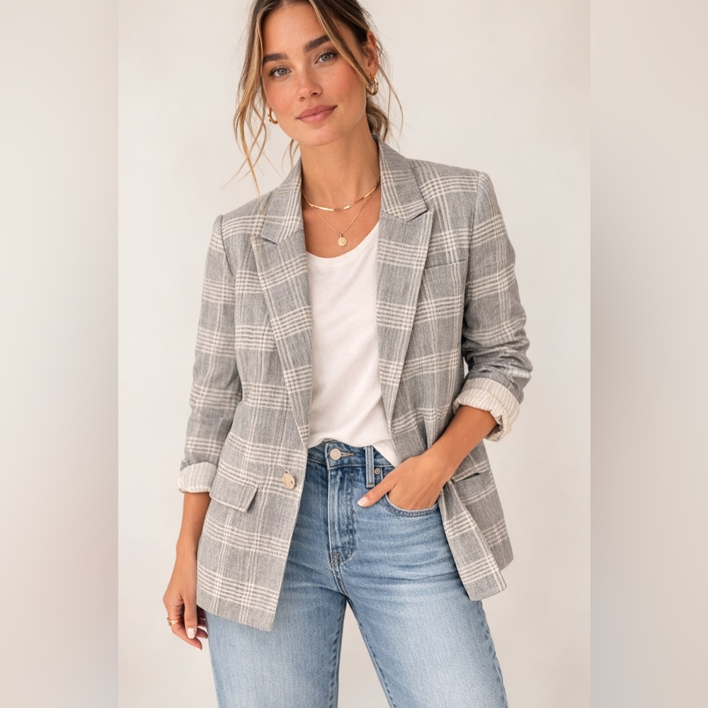 Mango Gray Plaid Blazer Jacket